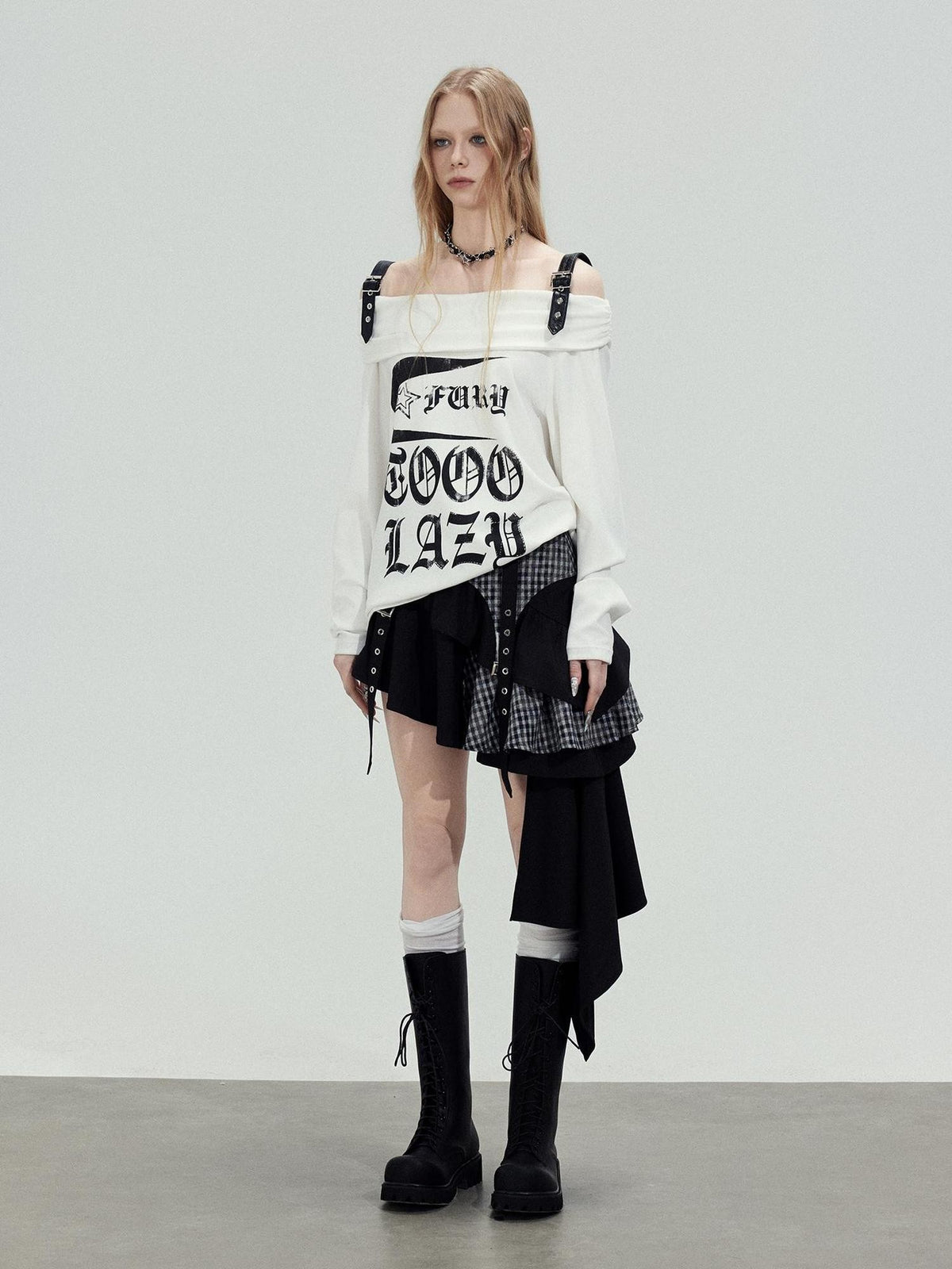 TOOOLAZY Black Patchwork Plaid Asymmetrical Women's Rayon Tiered Skirts