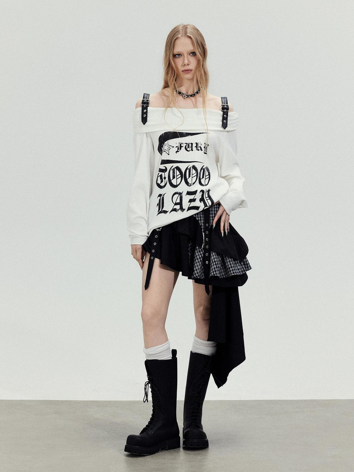 TOOOLAZY Black Patchwork Plaid Asymmetrical Women's Rayon Tiered Skirts