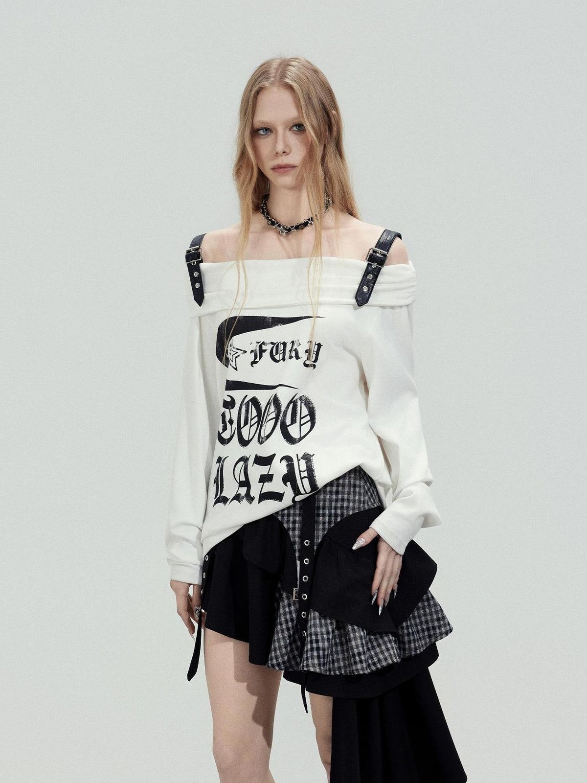 TOOOLAZY Black Patchwork Plaid Asymmetrical Women's Rayon Tiered Skirts