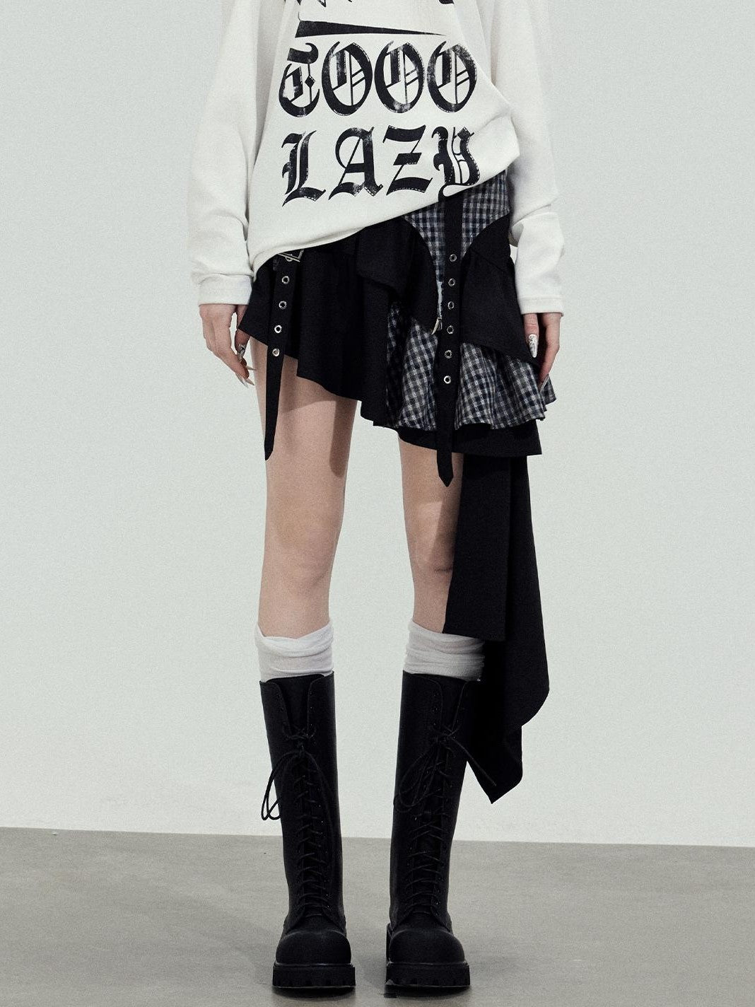 TOOOLAZY Black Patchwork Plaid Asymmetrical Women's Rayon Tiered Skirts