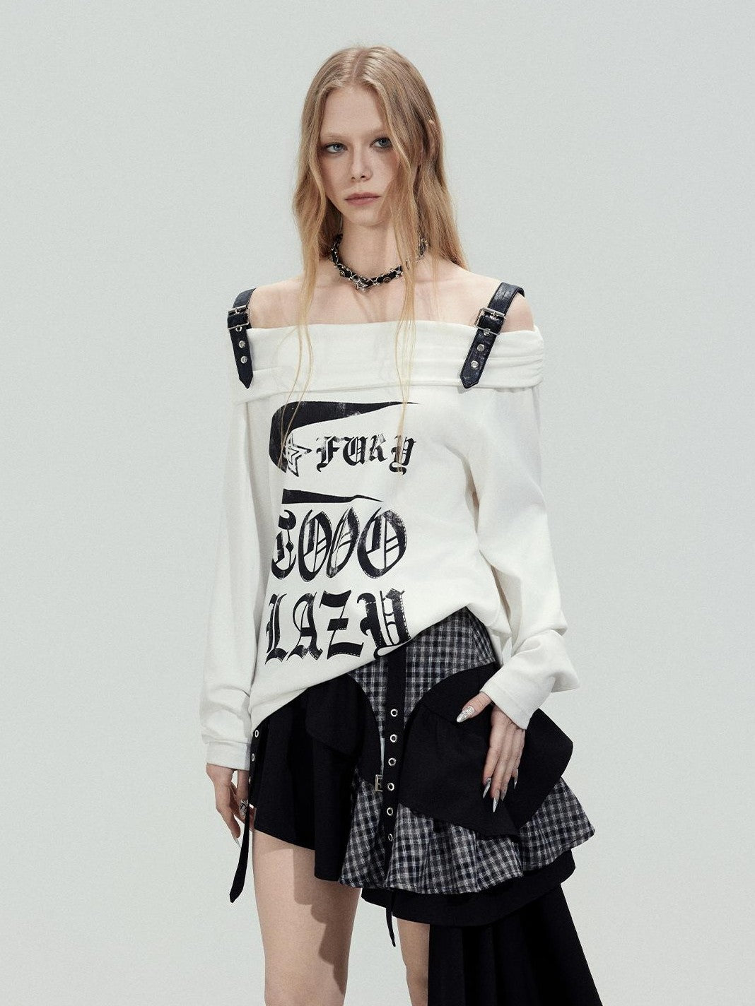 TOOOLAZY Black Patchwork Plaid Asymmetrical Women's Rayon Tiered Skirts