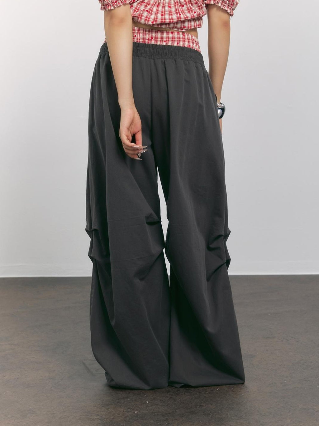 TOOOLAZY Black Plaid Patchwork Dual Waist Cargo Women's Lyocell Wide-leg Pants