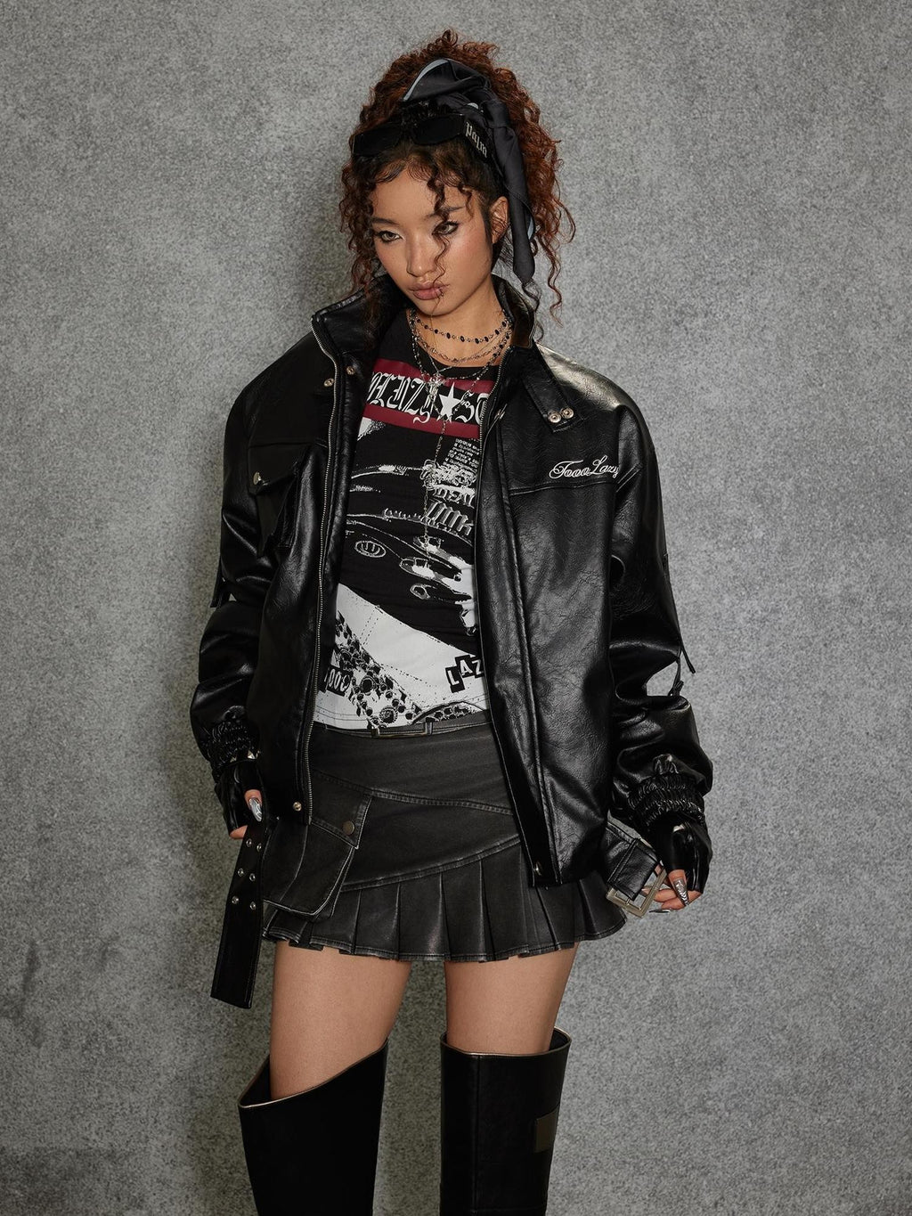 TOOOLAZY Black Pleated Punk Biker Pocket 3d Embellished Women's Polyester Leather Skirts