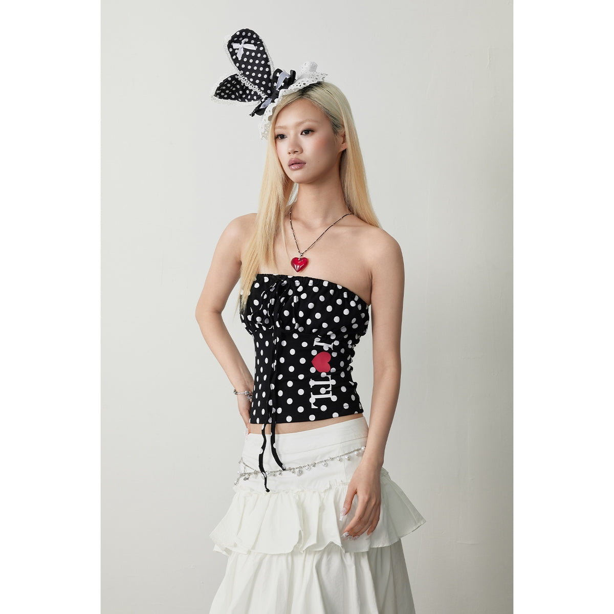 TOOOLAZY_Black_Polka_Dot_Bow_Cinched_Waist_Slim_Cropped_Structured_Women's_Tube_Tops_1042276588344_MISSTT