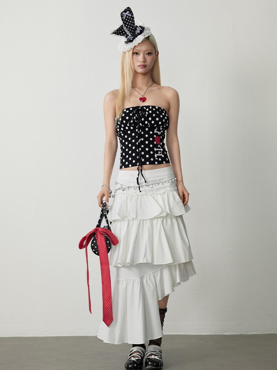 TOOOLAZY Black Polka Dot Bow Cinched Waist Slim Cropped Structured Women's Tube Tops