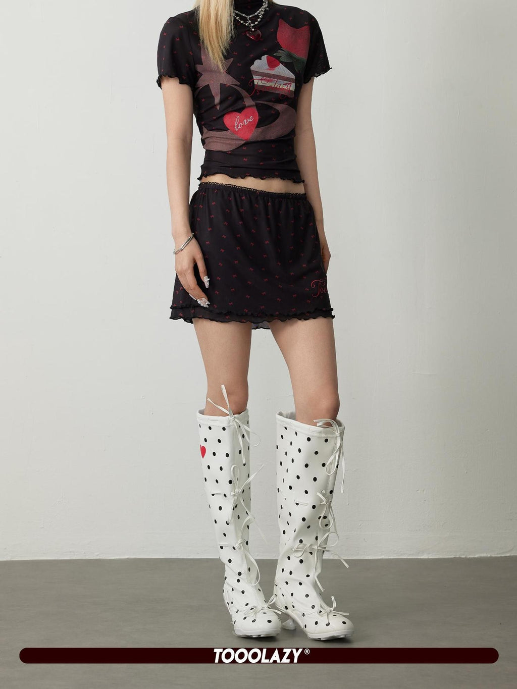 TOOOLAZY Black Polka Dot Tiered Ruffle Women's Polyester Blend Mini Skirts