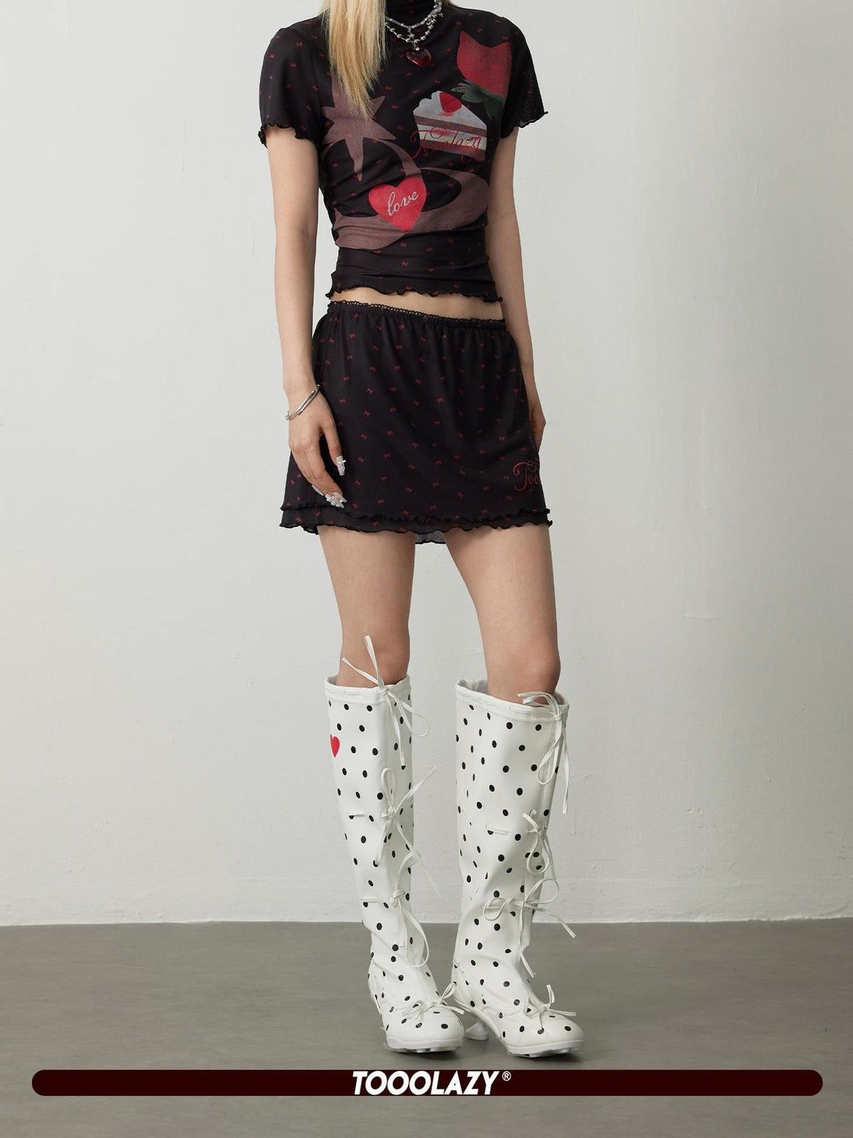 TOOOLAZY Black Polka Dot Tiered Ruffle Women's Polyester Blend Mini Skirts