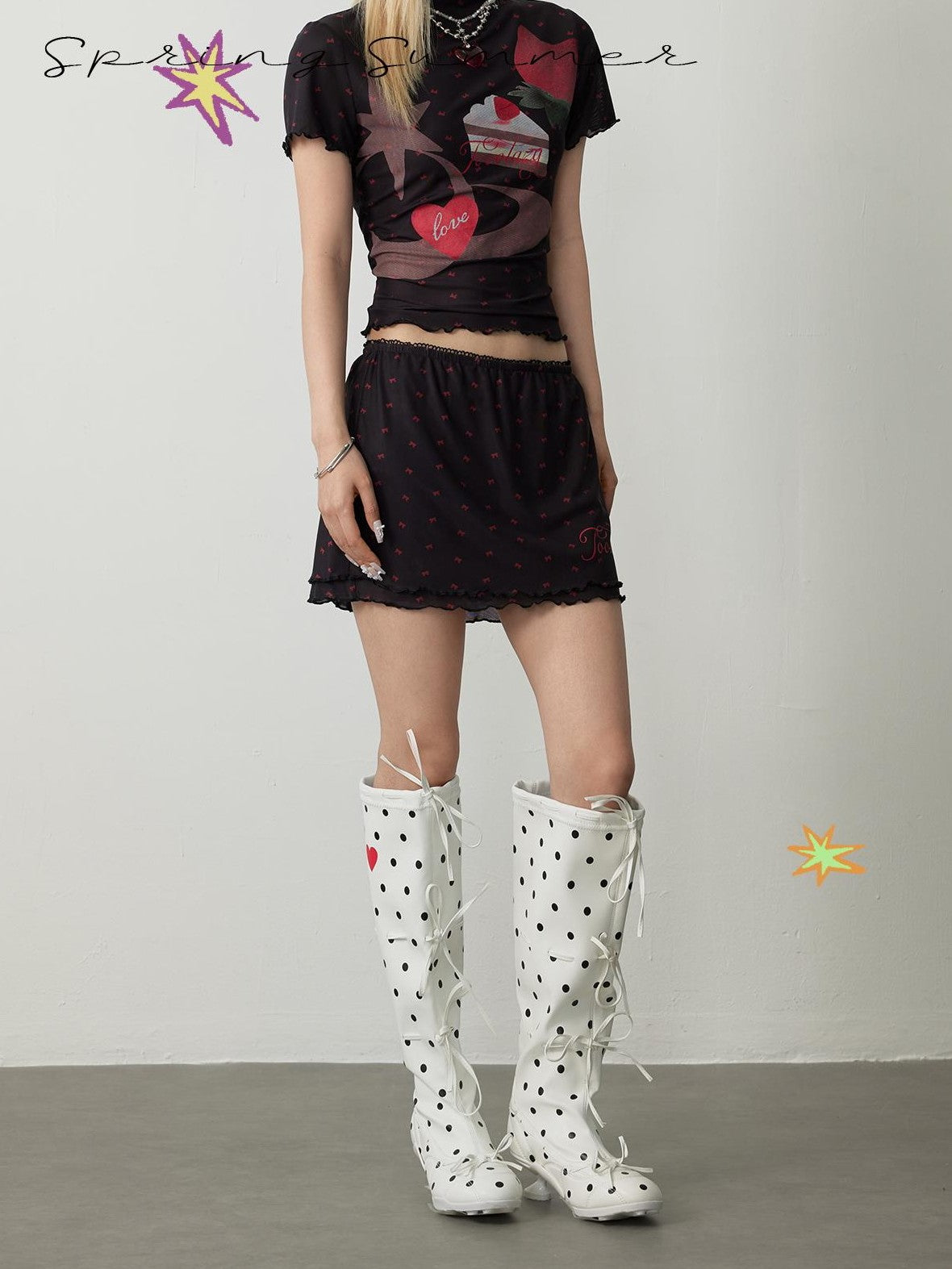 TOOOLAZY Black Polka Dot Tiered Ruffle Women's Polyester Blend Mini Skirts