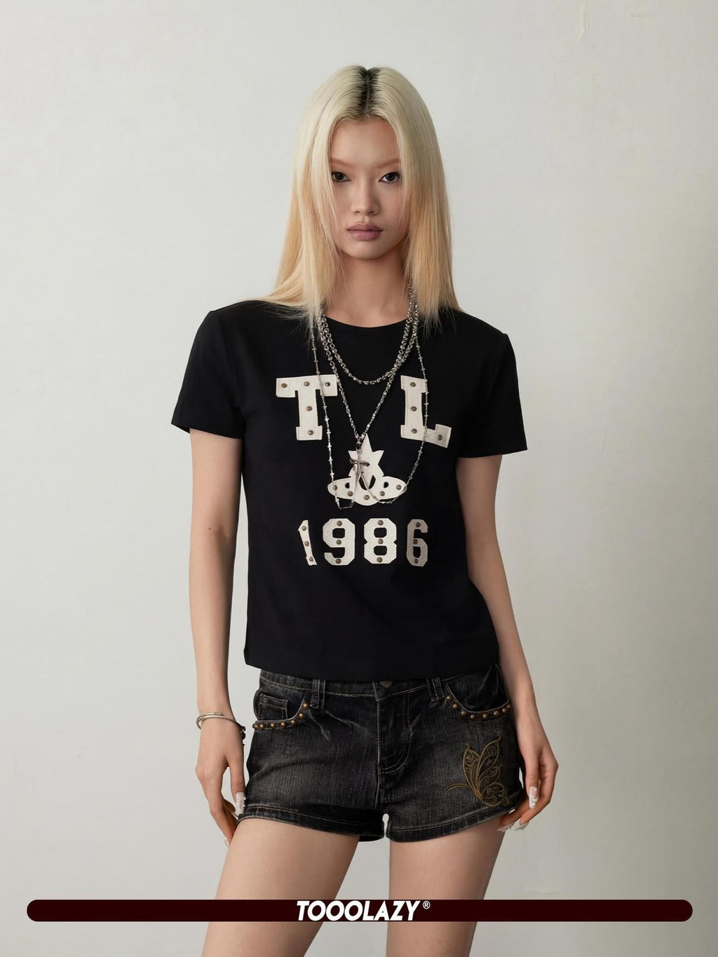 TOOOLAZY Black Red Letter Print Crewneck Short Sleeve Women's Cotton Slim T-shirts