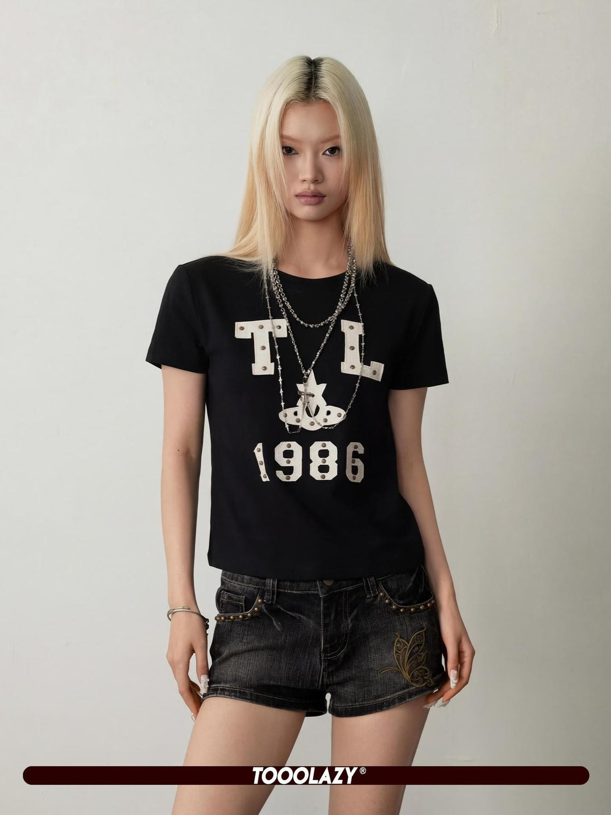 TOOOLAZY Black Red Letter Print Crewneck Short Sleeve Women's Cotton Slim T-shirts