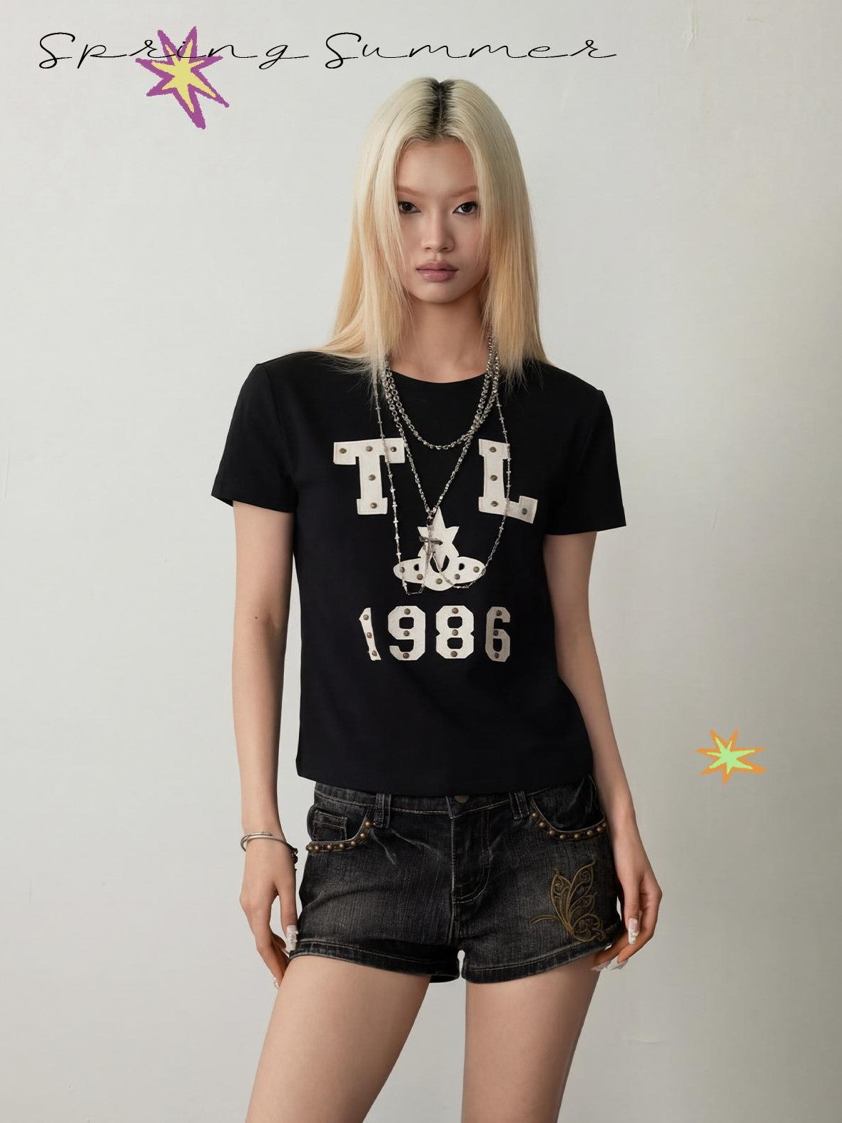 TOOOLAZY Black Red Letter Print Crewneck Short Sleeve Women's Cotton Slim T-shirts