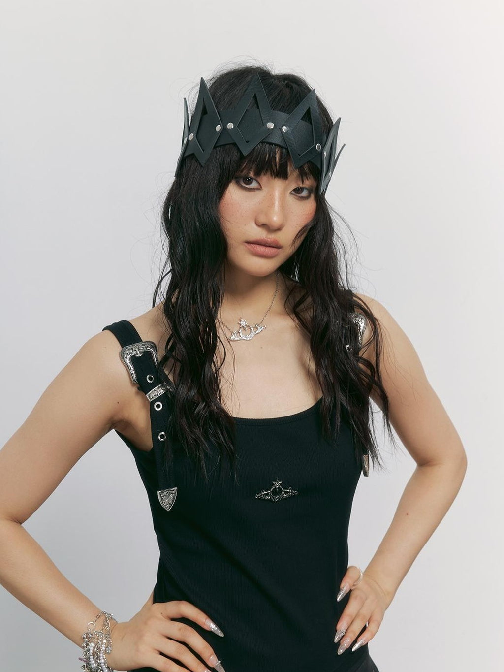 TOOOLAZY Black Street Punk Cinched Waist U Neck Women's Cotton Polyester Tank Tops