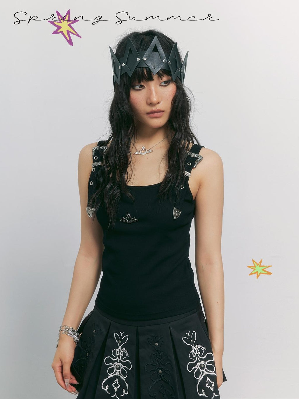 TOOOLAZY Black Street Punk Cinched Waist U Neck Women's Cotton Polyester Tank Tops