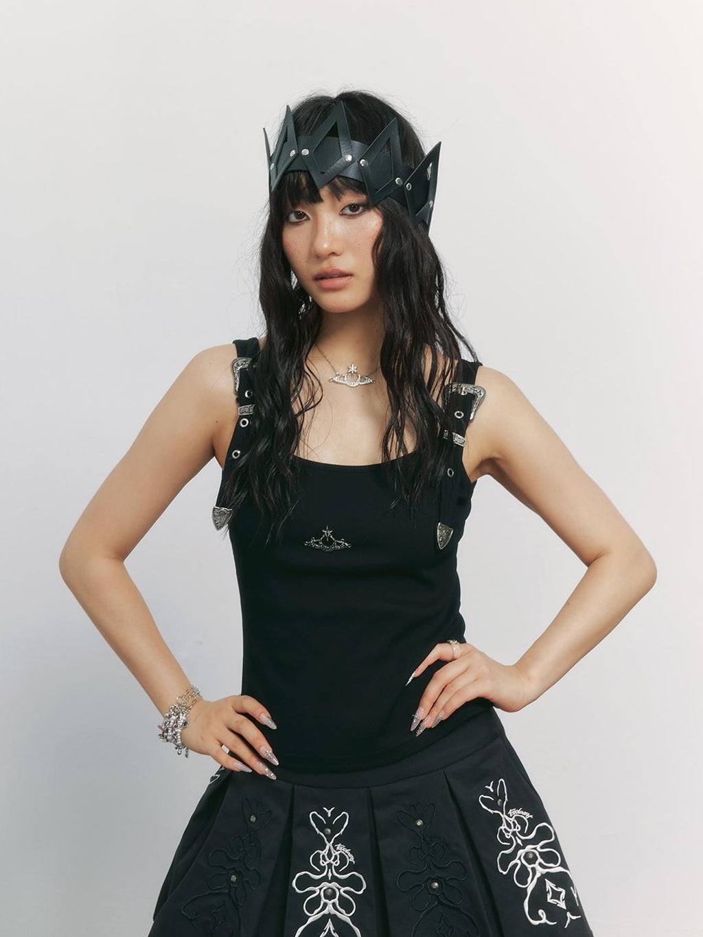 TOOOLAZY Black Street Punk Cinched Waist U Neck Women's Cotton Polyester Tank Tops