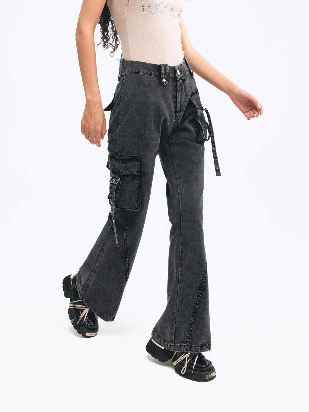 TOOOLAZY Black Washed Pocket Micro Flare Women's Thick Denim Bootcut Jeans
