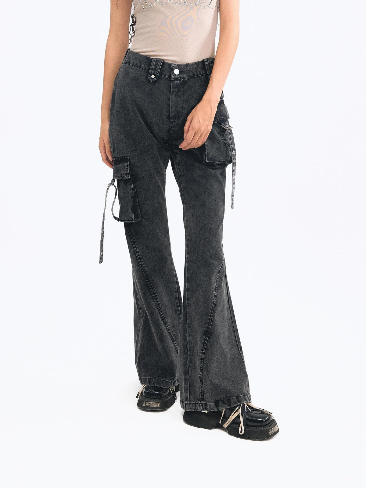 TOOOLAZY Black Washed Pocket Micro Flare Women's Thick Denim Bootcut Jeans