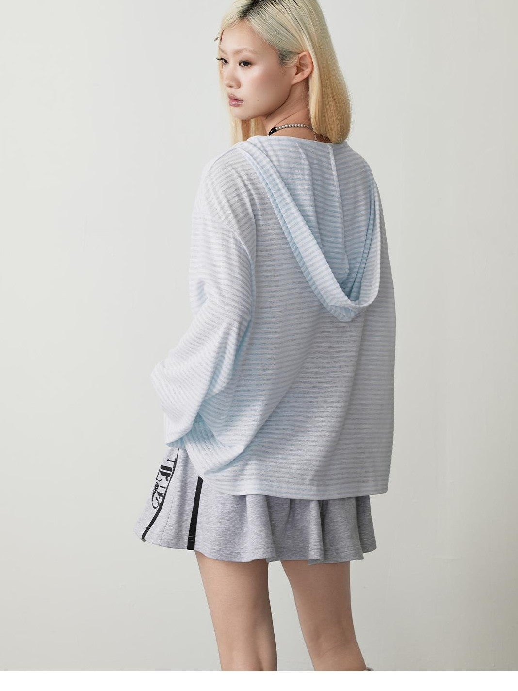 TOOOLAZY Blue Sheer Logo Loose Women's Mesh Polyester Long Sleeve T-shirts