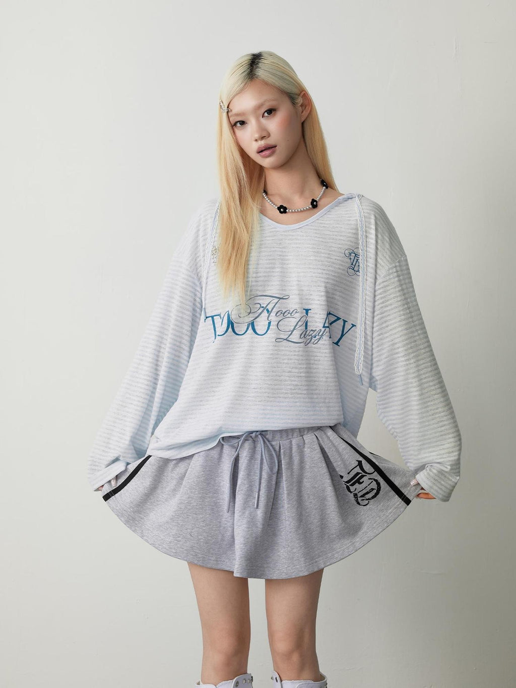 TOOOLAZY Blue Sheer Logo Loose Women's Mesh Polyester Long Sleeve T-shirts