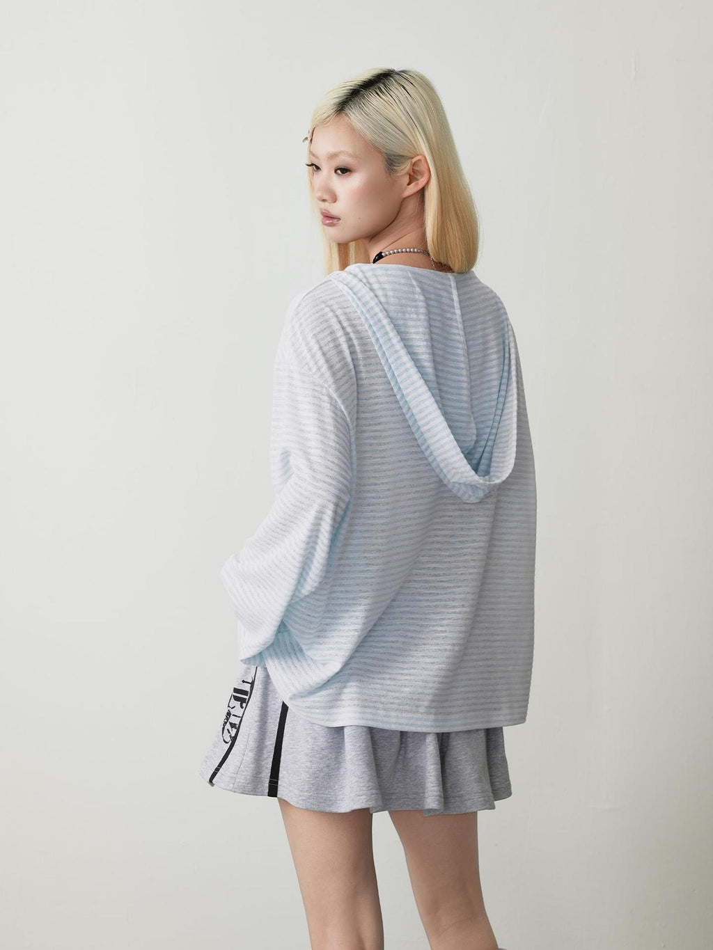 TOOOLAZY Blue Sheer Logo Loose Women's Mesh Polyester Long Sleeve T-shirts