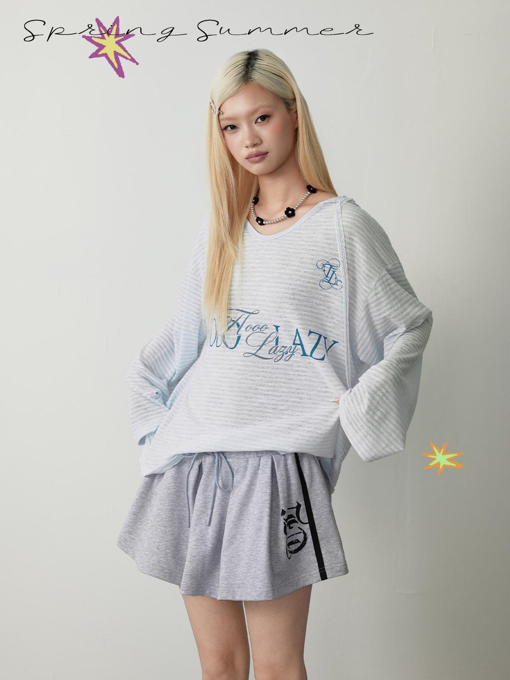 TOOOLAZY Blue Sheer Logo Loose Women's Mesh Polyester Long Sleeve T-shirts