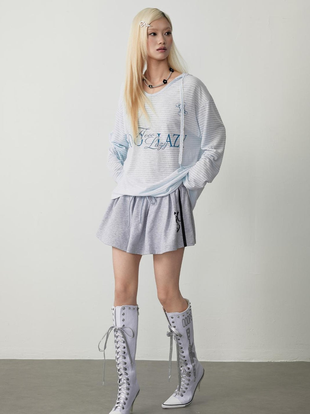 TOOOLAZY Blue Sheer Logo Loose Women's Mesh Polyester Long Sleeve T-shirts