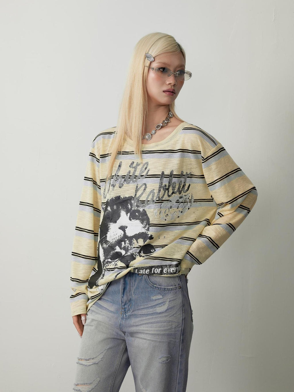 TOOOLAZY Blue Yellow Cat Print Loose Women's Mesh Long Sleeve T-shirts