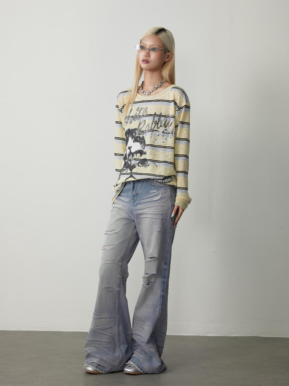 TOOOLAZY Blue Yellow Cat Print Loose Women's Mesh Long Sleeve T-shirts
