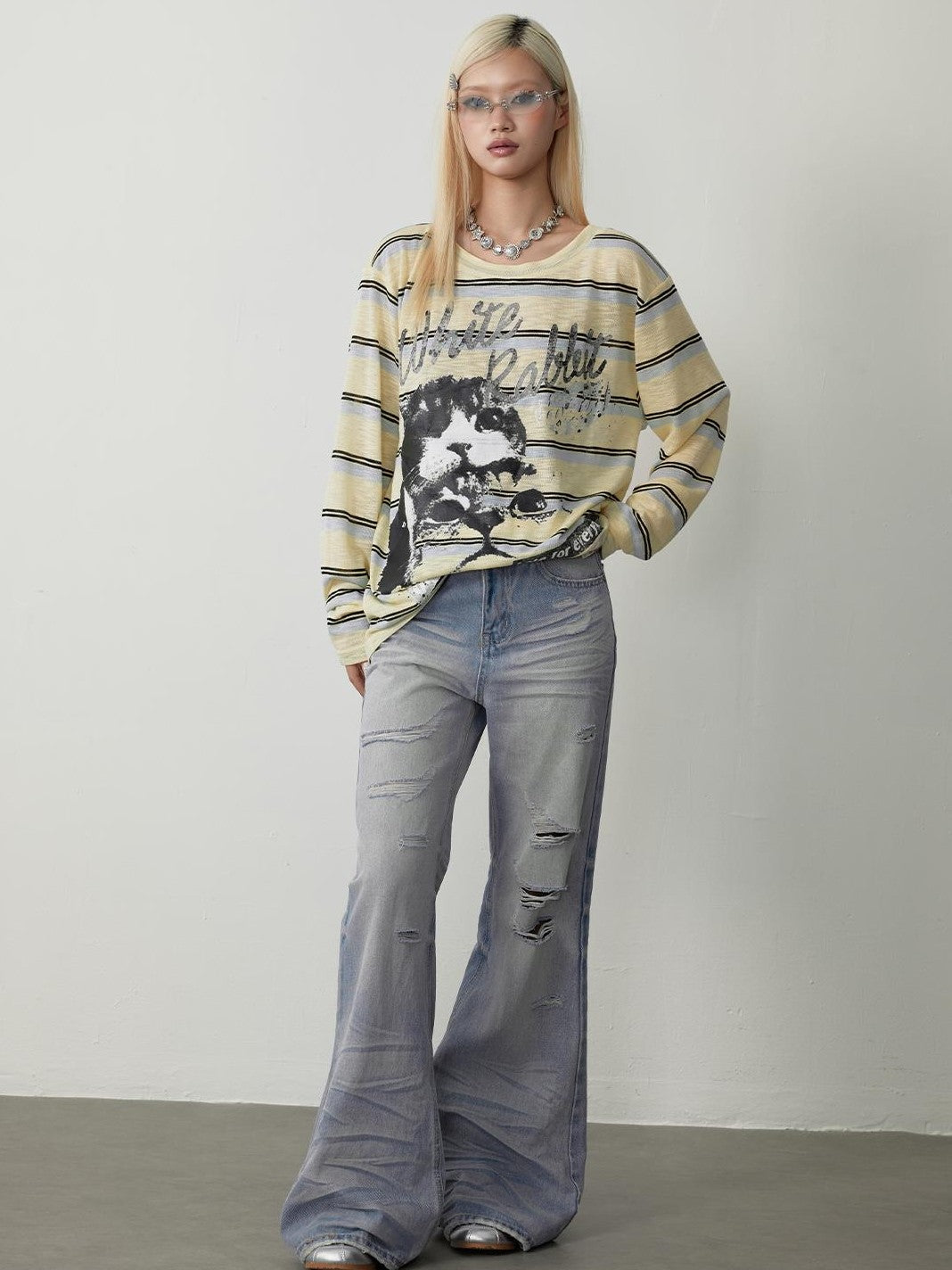 TOOOLAZY Blue Yellow Cat Print Loose Women's Mesh Long Sleeve T-shirts