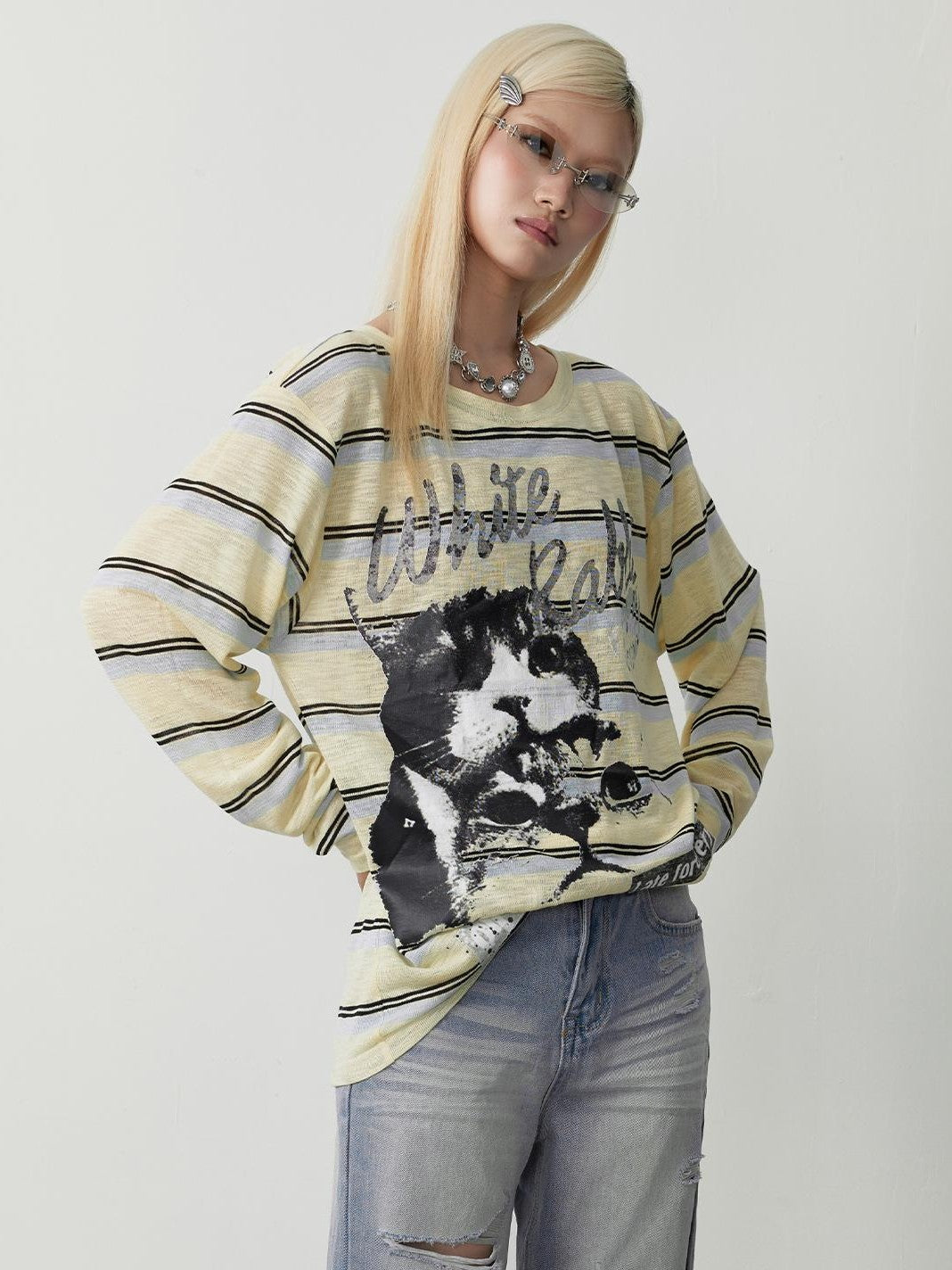 TOOOLAZY Blue Yellow Cat Print Loose Women's Mesh Long Sleeve T-shirts