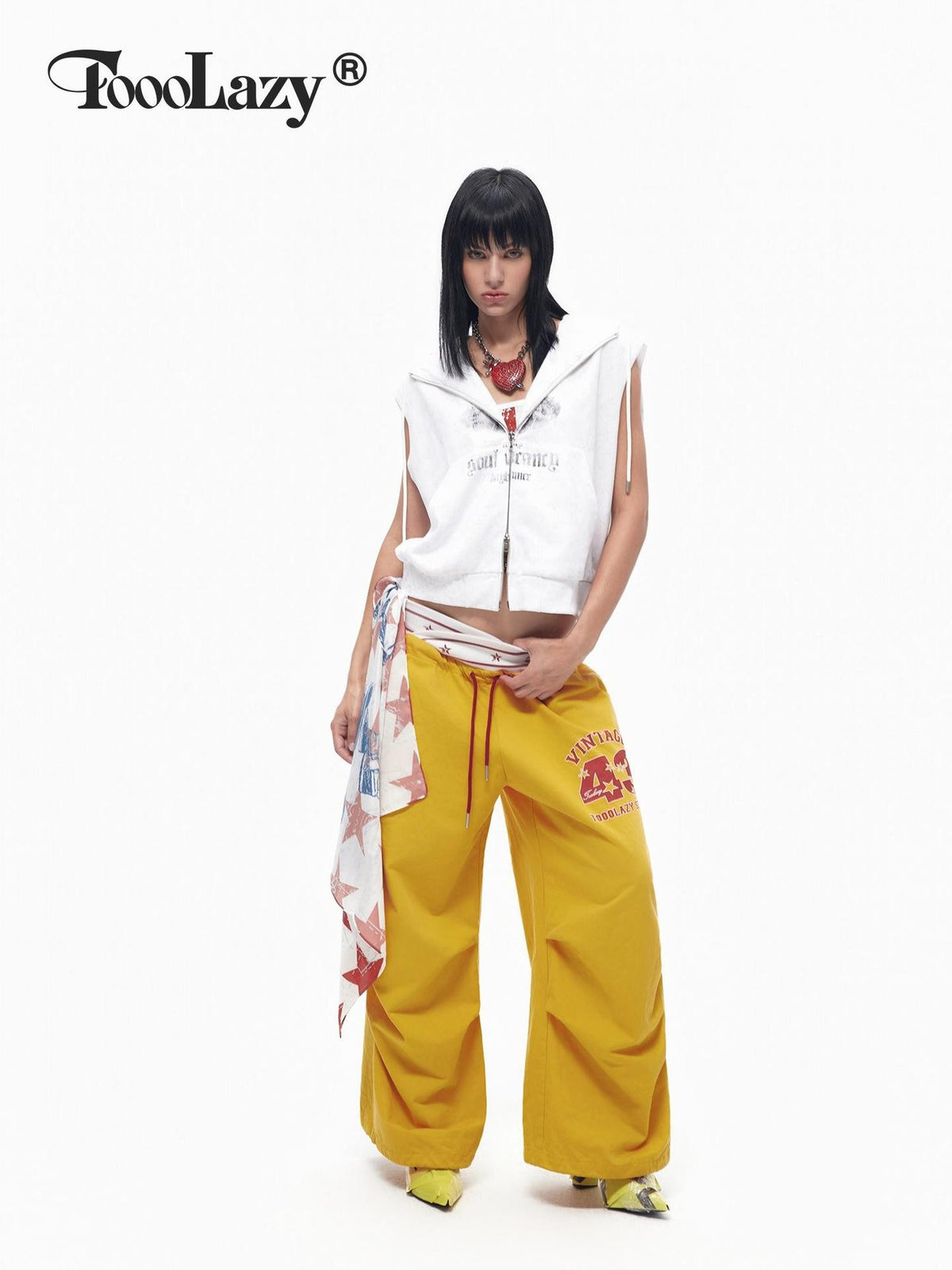 TOOOLAZY Bright Yellow Cross Waistband Letter Print Women's Cotton Wide-leg Pants