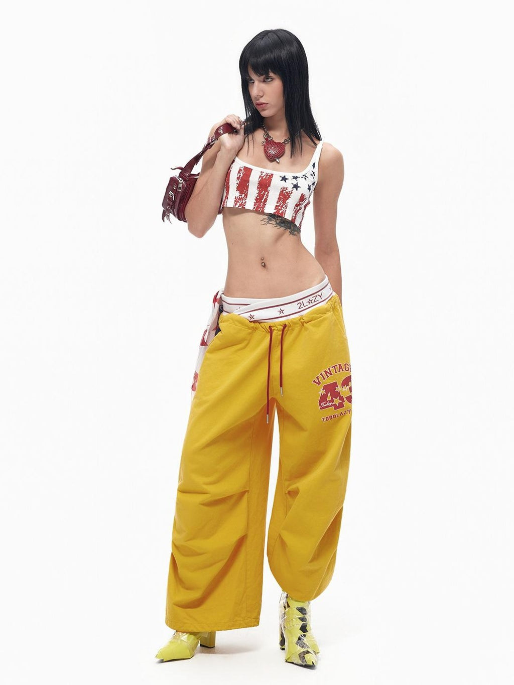 TOOOLAZY Bright Yellow Cross Waistband Letter Print Women's Cotton Wide-leg Pants