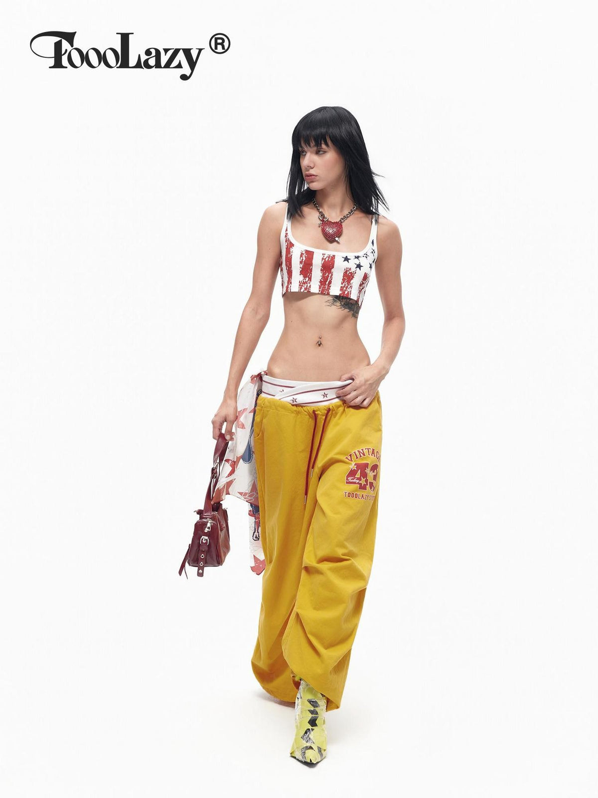 TOOOLAZY Bright Yellow Cross Waistband Letter Print Women's Cotton Wide-leg Pants