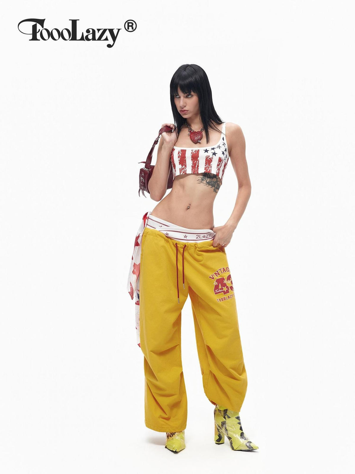TOOOLAZY Bright Yellow Cross Waistband Letter Print Women's Cotton Wide-leg Pants
