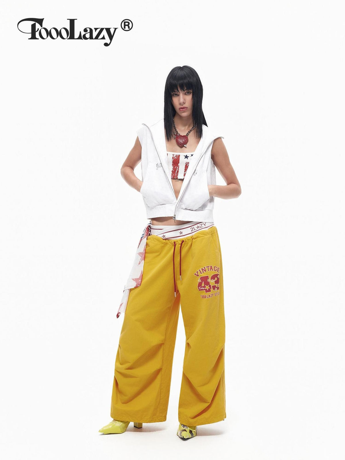 TOOOLAZY Bright Yellow Cross Waistband Letter Print Women's Cotton Wide-leg Pants