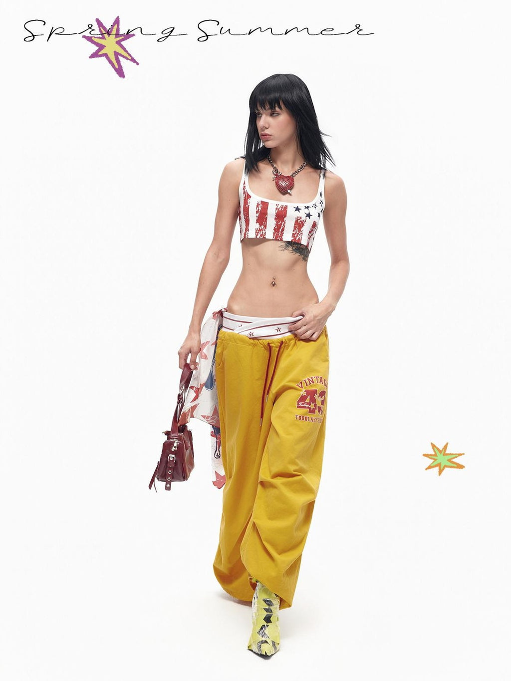 TOOOLAZY Bright Yellow Cross Waistband Letter Print Women's Cotton Wide-leg Pants