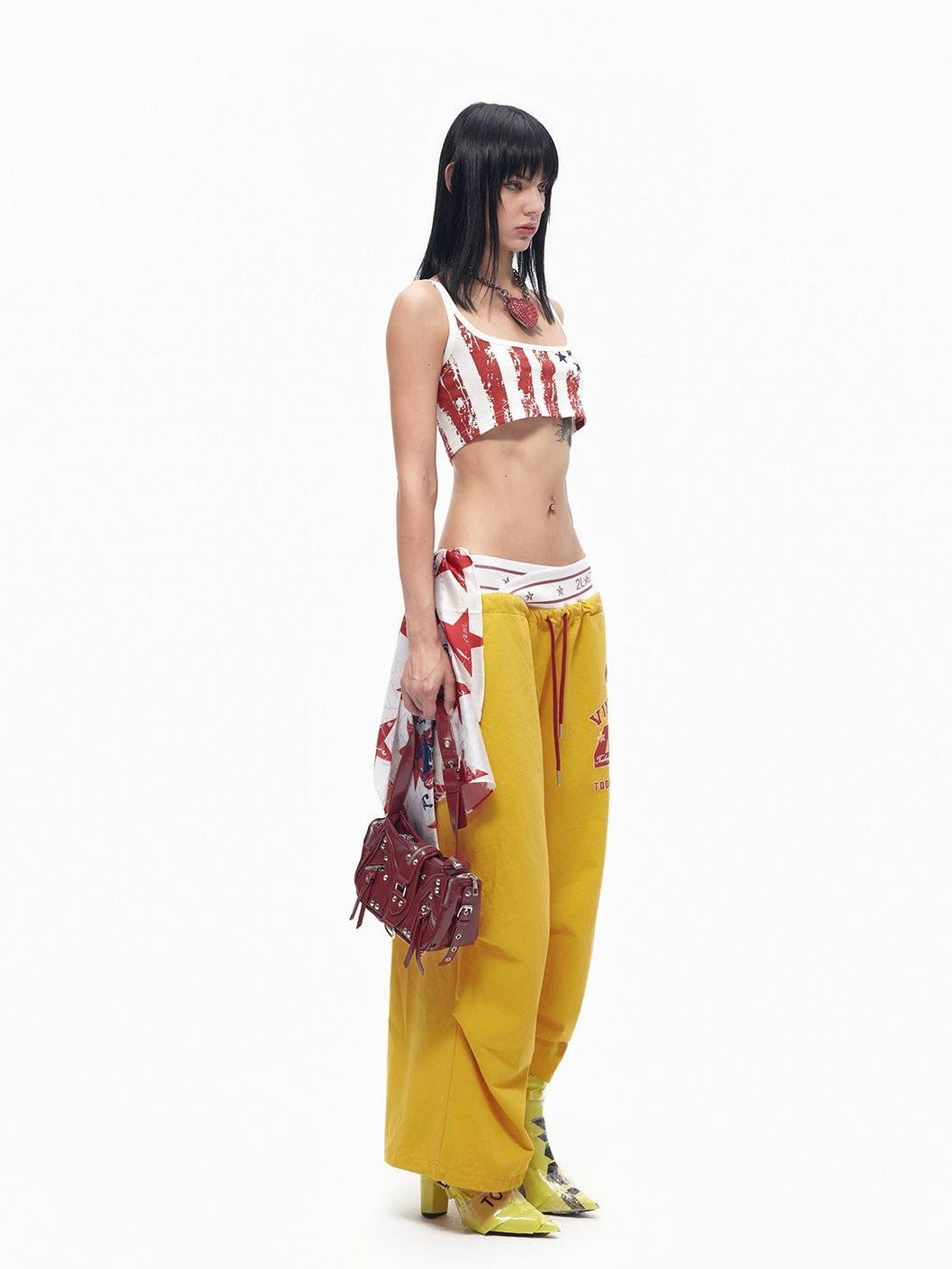 TOOOLAZY Bright Yellow Cross Waistband Letter Print Women's Cotton Wide-leg Pants