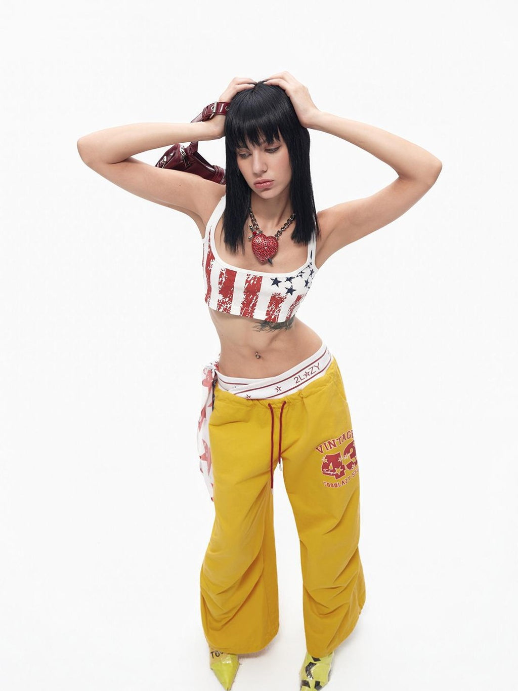 TOOOLAZY Bright Yellow Cross Waistband Letter Print Women's Cotton Wide-leg Pants