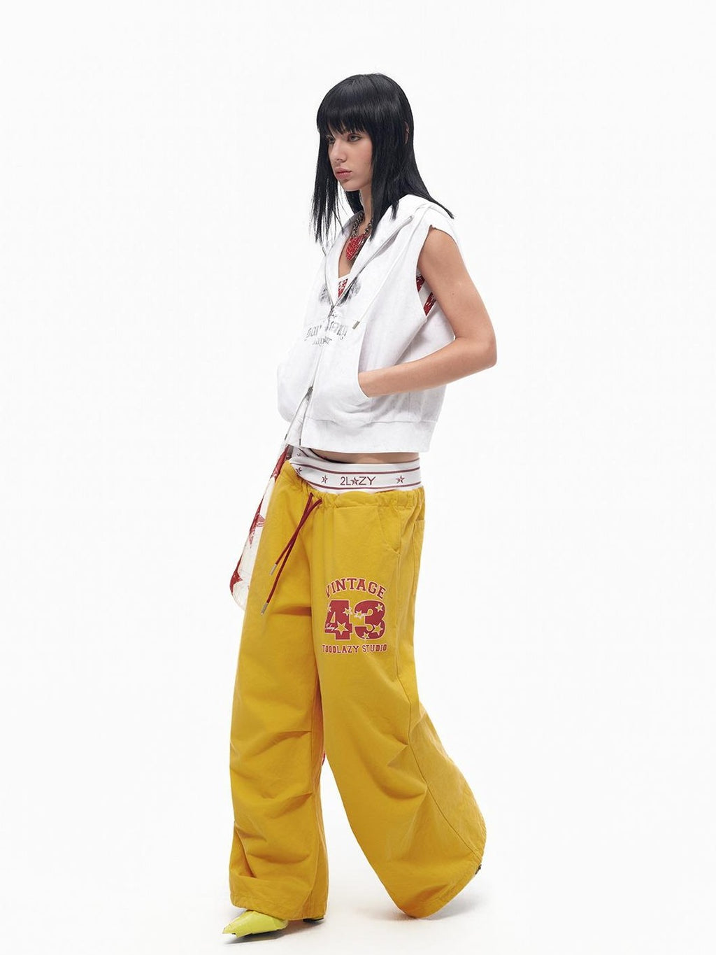 TOOOLAZY Bright Yellow Cross Waistband Letter Print Women's Cotton Wide-leg Pants