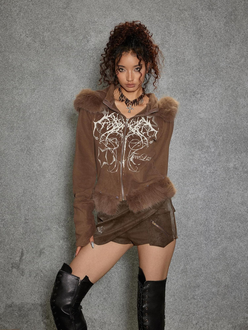 TOOOLAZY Brown Fur Collar Double Zipper Hooded Slim Women's Poly Cotton Zip-up Hoodies