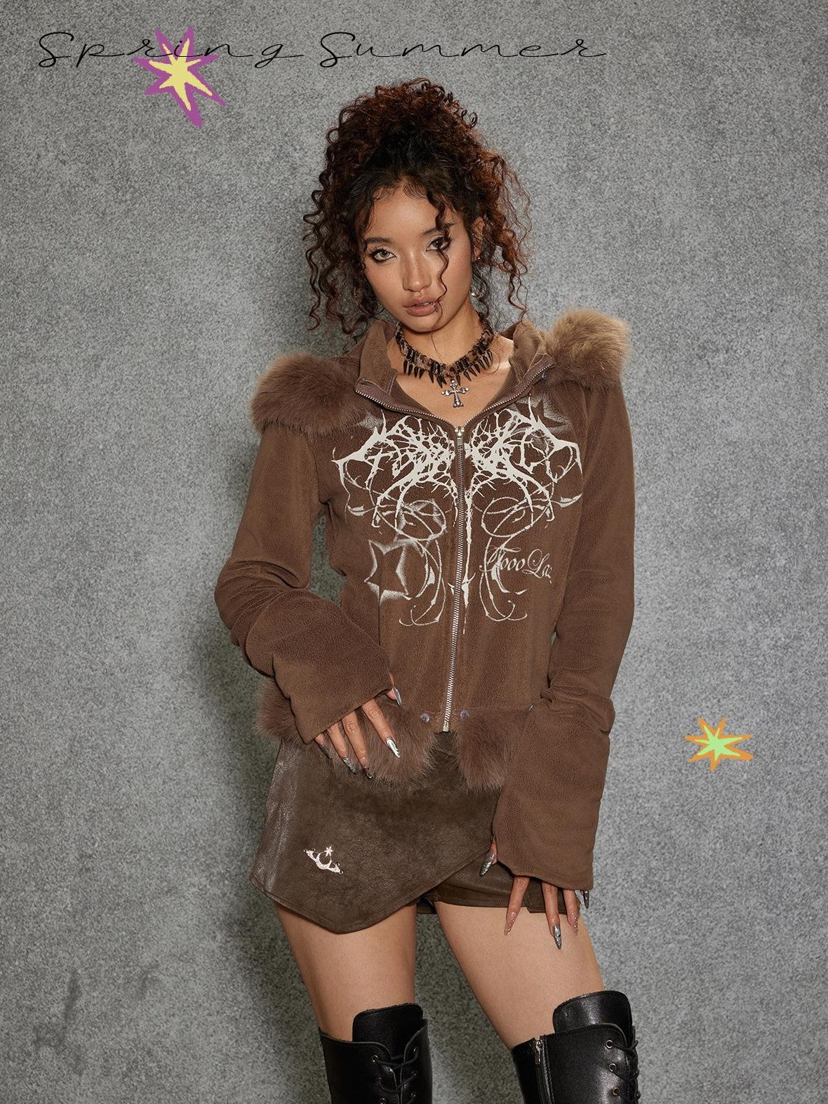 TOOOLAZY Brown Fur Collar Double Zipper Hooded Slim Women's Poly Cotton Zip-up Hoodies