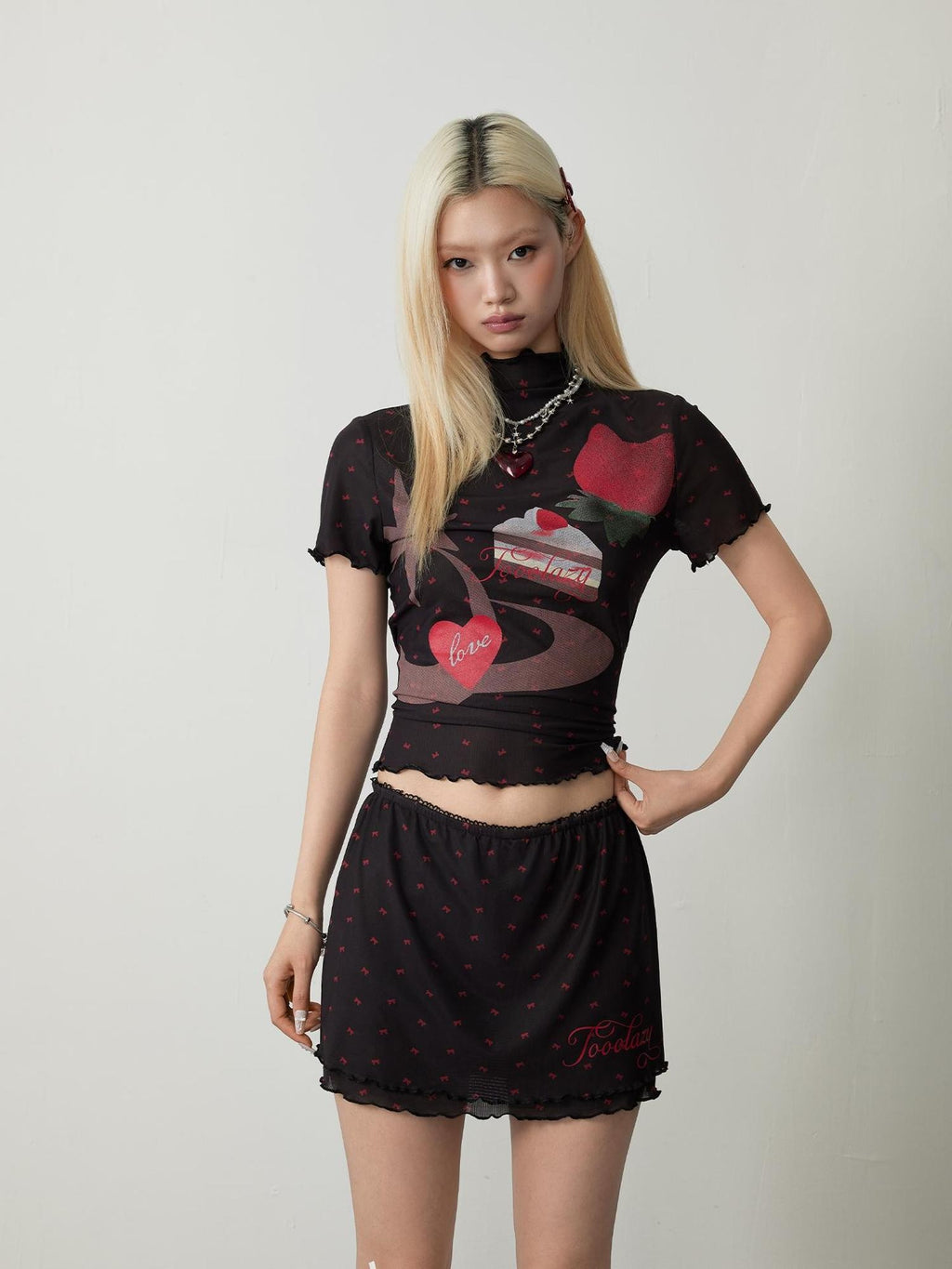 TOOOLAZY Brown Mesh High Neck Short Sleeve Women's Polyester Spandex Slim T-shirts