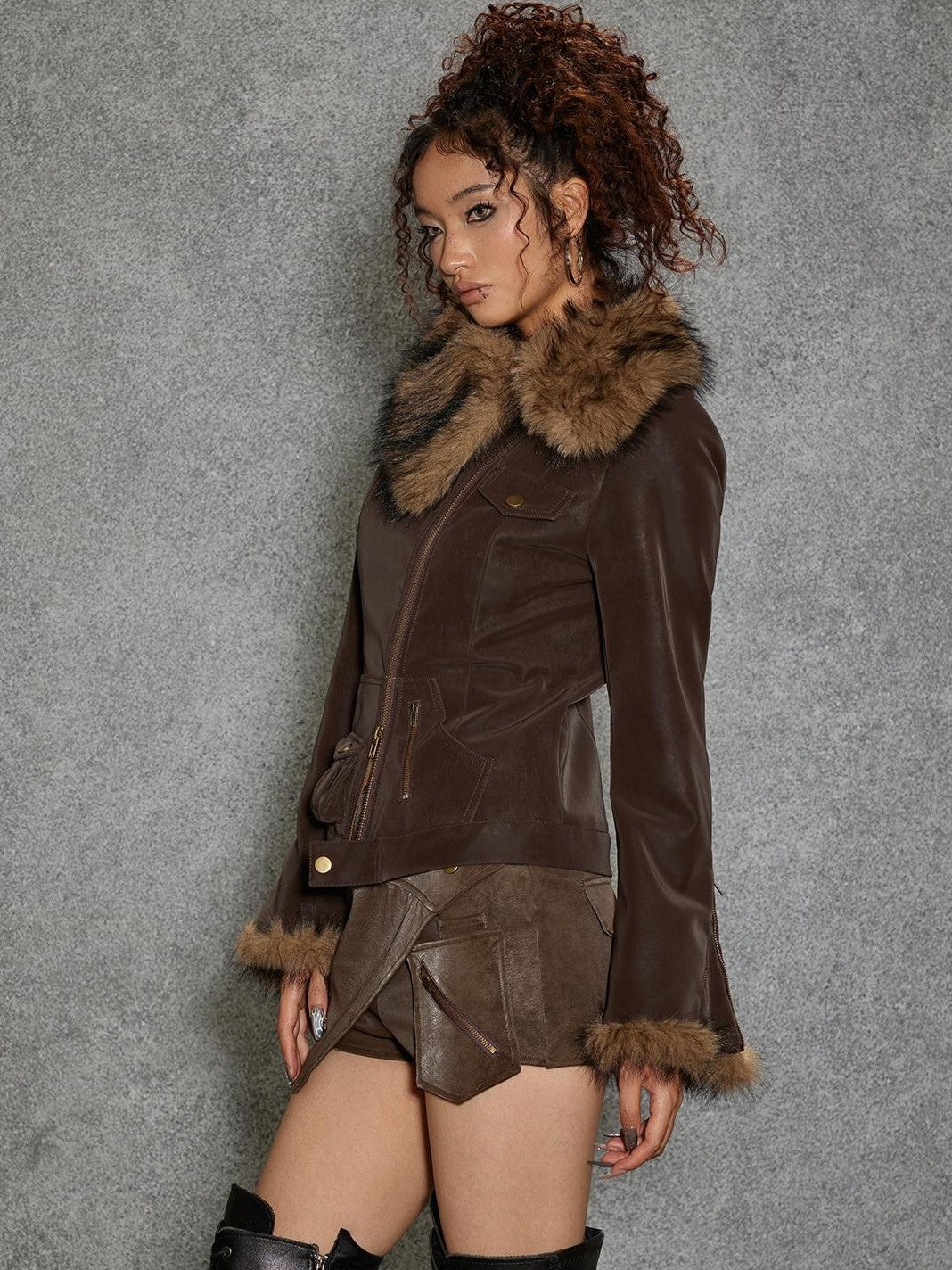 TOOOLAZY Brown Side Fur Collar Lapel Short Slim Zipper Women's Pu Leather Jackets