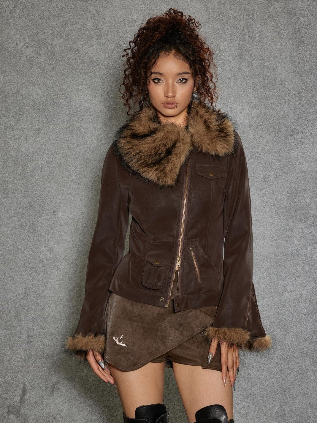 TOOOLAZY Brown Side Fur Collar Lapel Short Slim Zipper Women's Pu Leather Jackets