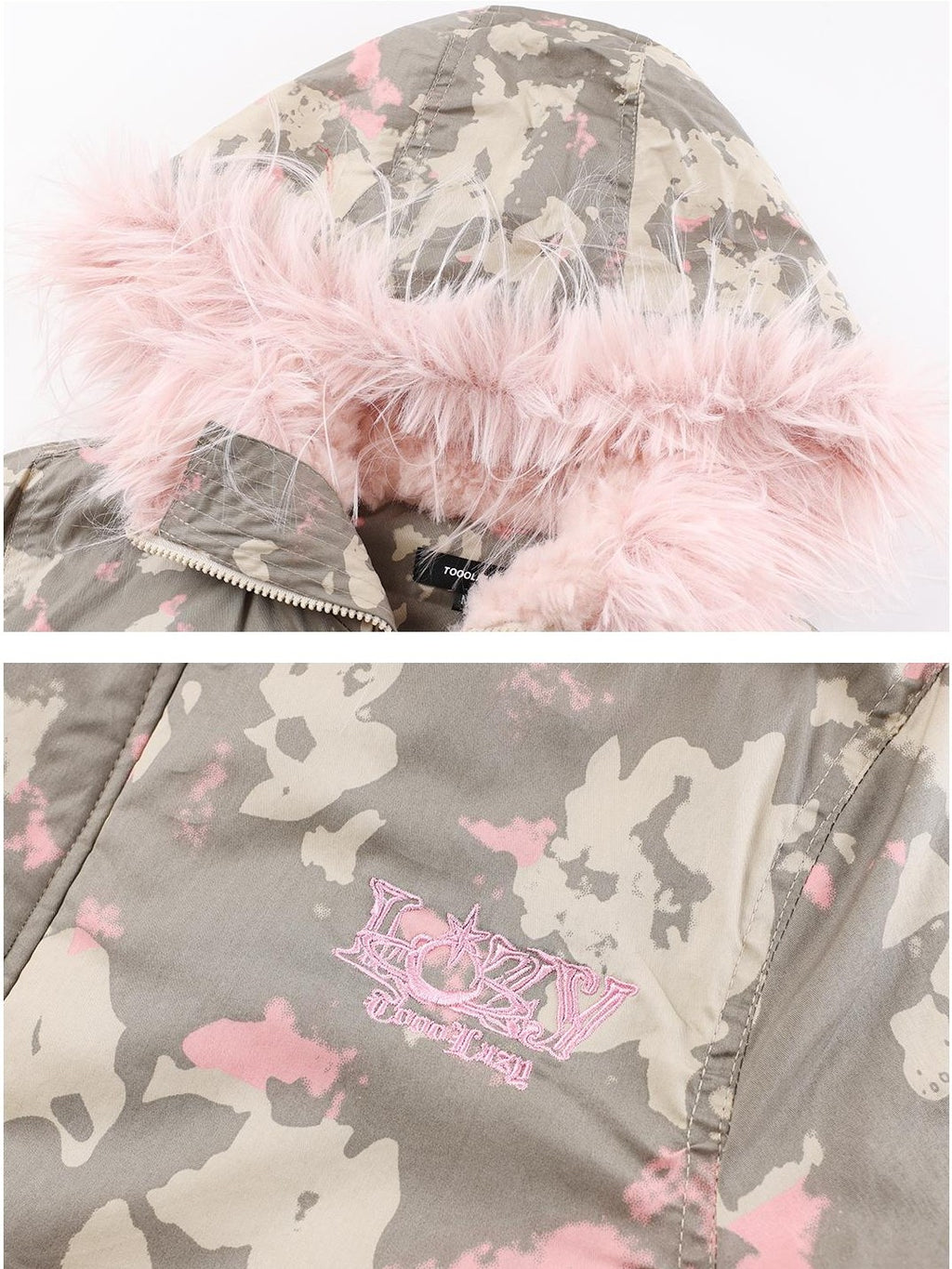 TOOOLAZY Camouflage Hooded Large Fur Collar Cropped Women's Cotton Puffer Jackets