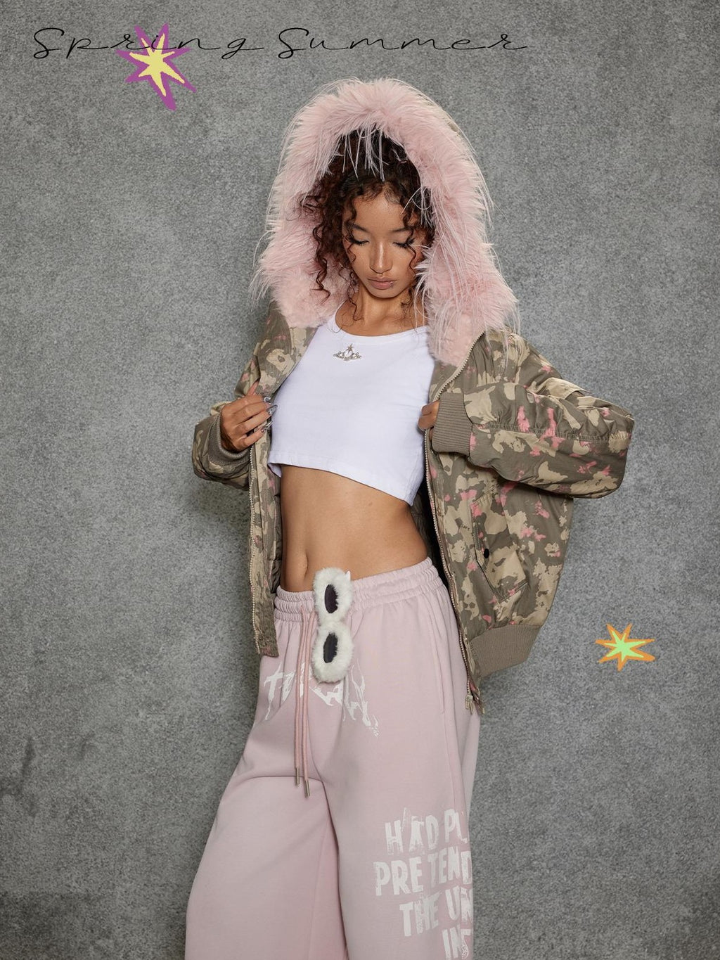 TOOOLAZY Camouflage Hooded Large Fur Collar Cropped Women's Cotton Puffer Jackets