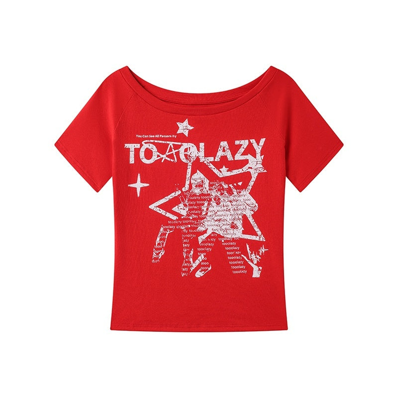 TOOOLAZY_Cartoon_Print_Street_Slim_Fit_Women's_Cotton_Blend_Off-shoulder_T-shirts_940616969005_MISSTT