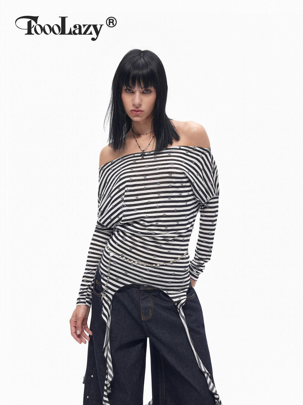TOOOLAZY Contrast Star Stripe Off Shoulder Boatneck Women's Lyocell Long Sleeve T-shirts