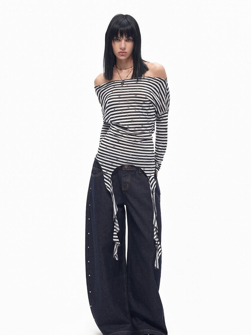 TOOOLAZY Contrast Star Stripe Off Shoulder Boatneck Women's Lyocell Long Sleeve T-shirts