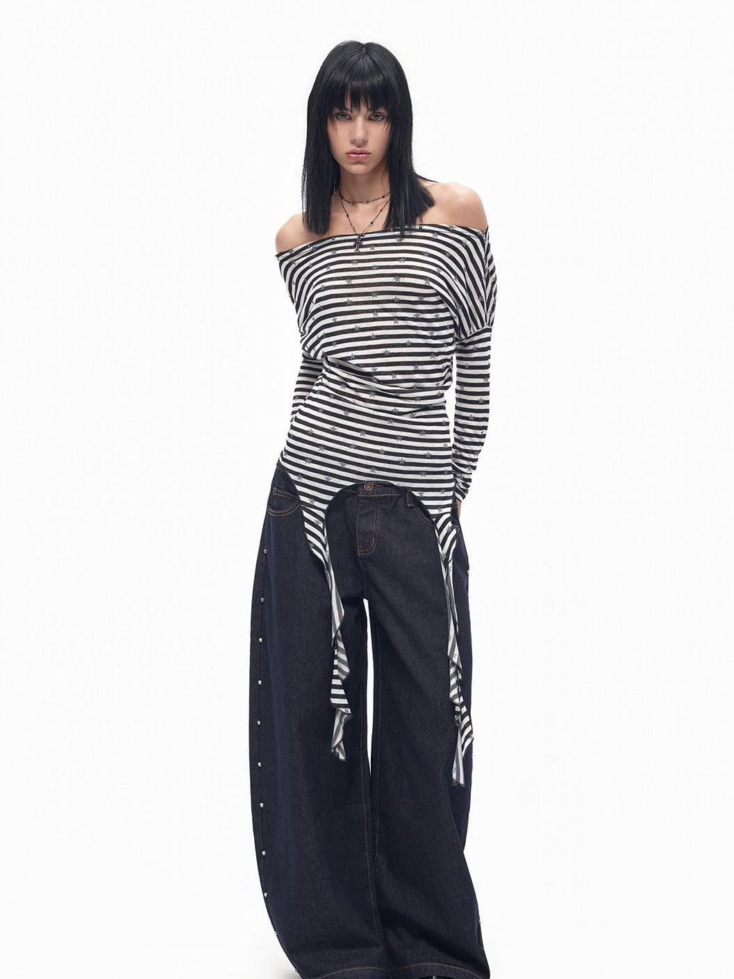 TOOOLAZY Contrast Star Stripe Off Shoulder Boatneck Women's Lyocell Long Sleeve T-shirts