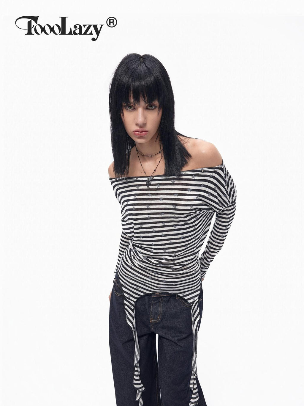 TOOOLAZY Contrast Star Stripe Off Shoulder Boatneck Women's Lyocell Long Sleeve T-shirts
